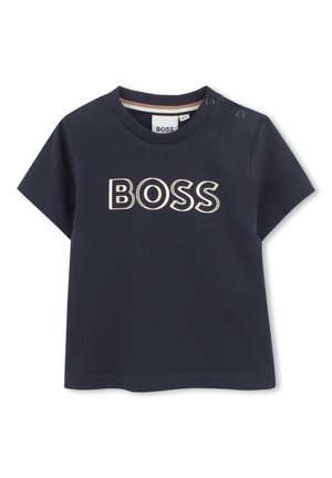 Granatowy krótki rękaw T-shirt z bawełny, z dużym jasnym logo "BOSS" na przodzie i zatrzaskami na ramieniu.
