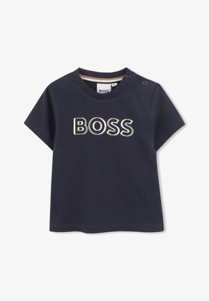 Granatowy krótki rękaw T-shirt z bawełny, z dużym jasnym logo "BOSS" na przodzie i zatrzaskami na ramieniu.