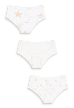 Trois paires de slips en coton blanc avec des motifs d'étoiles rose pâle. Tissu doux avec des ceintures élastiques ; placements des étoiles variés.