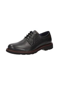 Scarpa nera in pelle con finitura liscia, punta rotonda, design con lacci e dettagli marroni sul tallone e sulla suola.