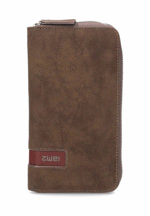 Brown suede zip-around wallet with a red leather patch label featuring the brand name "zwei" in silver lettering.