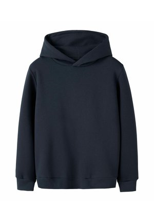 Felpa con cappuccio blu navy a maniche lunghe, con tasca a marsupio frontale e polsini e orlo a coste, esposta su uno sfondo bianco.