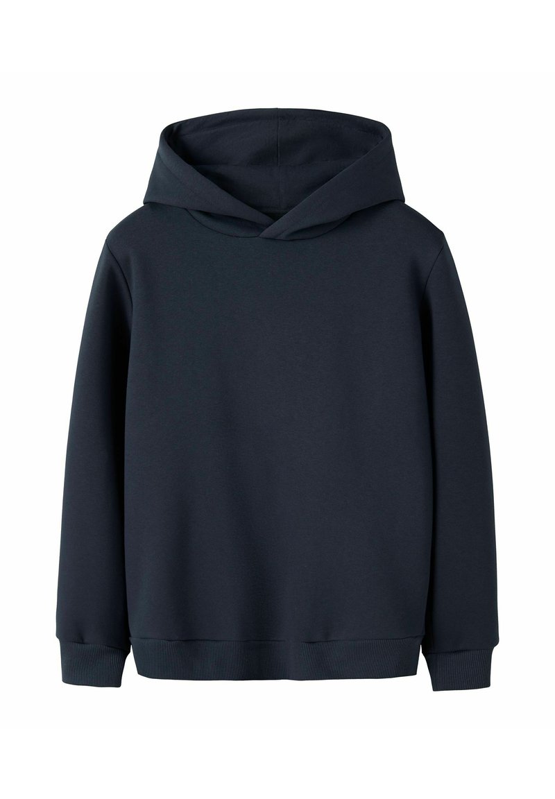 Felpa con cappuccio blu navy a maniche lunghe, con tasca a marsupio frontale e polsini e orlo a coste, esposta su uno sfondo bianco.