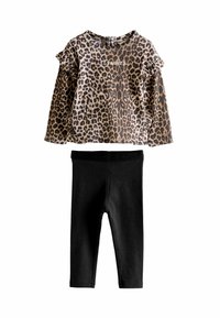 Langärmliges Oberteil mit Leopardenmuster und Rüschendetails, kombiniert mit schwarzen Leggings. Baumwollmaterial, runder Halsausschnitt, weiche Textur und elastischer Taillenausschnitt.