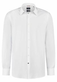 Chemise blanche à manches longues avec un col classique, boutonnière à l'avant et ourlet arrondi. Fabriquée en tissu léger et lisse.