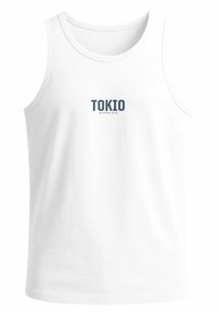 White sleeveless tank top featuring a round neckline and a front logo that reads "TOKIO NEVERLESS" in dark blue font.