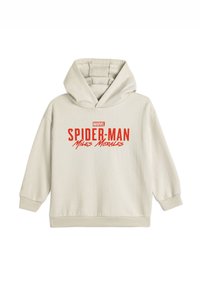 Kapturowa bluza w jasnobeżowym materiale z czerwonym napisem graficznym "SPIDER-MAN Miles Morales" oraz ściągaczami na rękawach i u dołu.