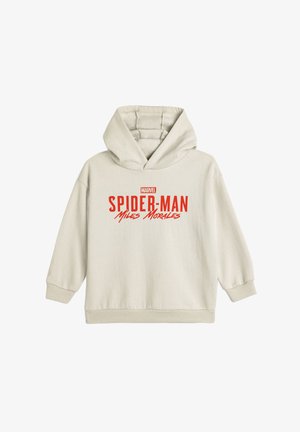 Hættebluse i lys beige stof med rød grafisk tekst "SPIDER-MAN Miles Morales" samt ribbede manchetter og kant.