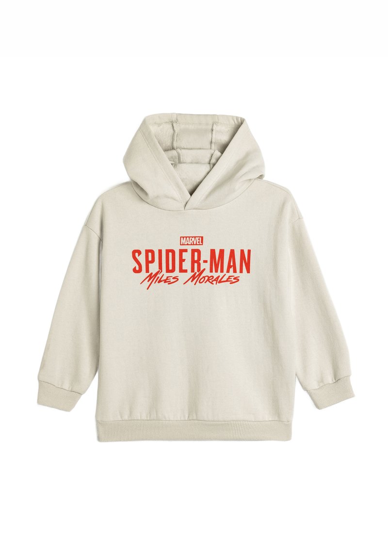 Kapturowa bluza w jasnobeżowym materiale z czerwonym napisem graficznym "SPIDER-MAN Miles Morales" oraz ściągaczami na rękawach i u dołu.