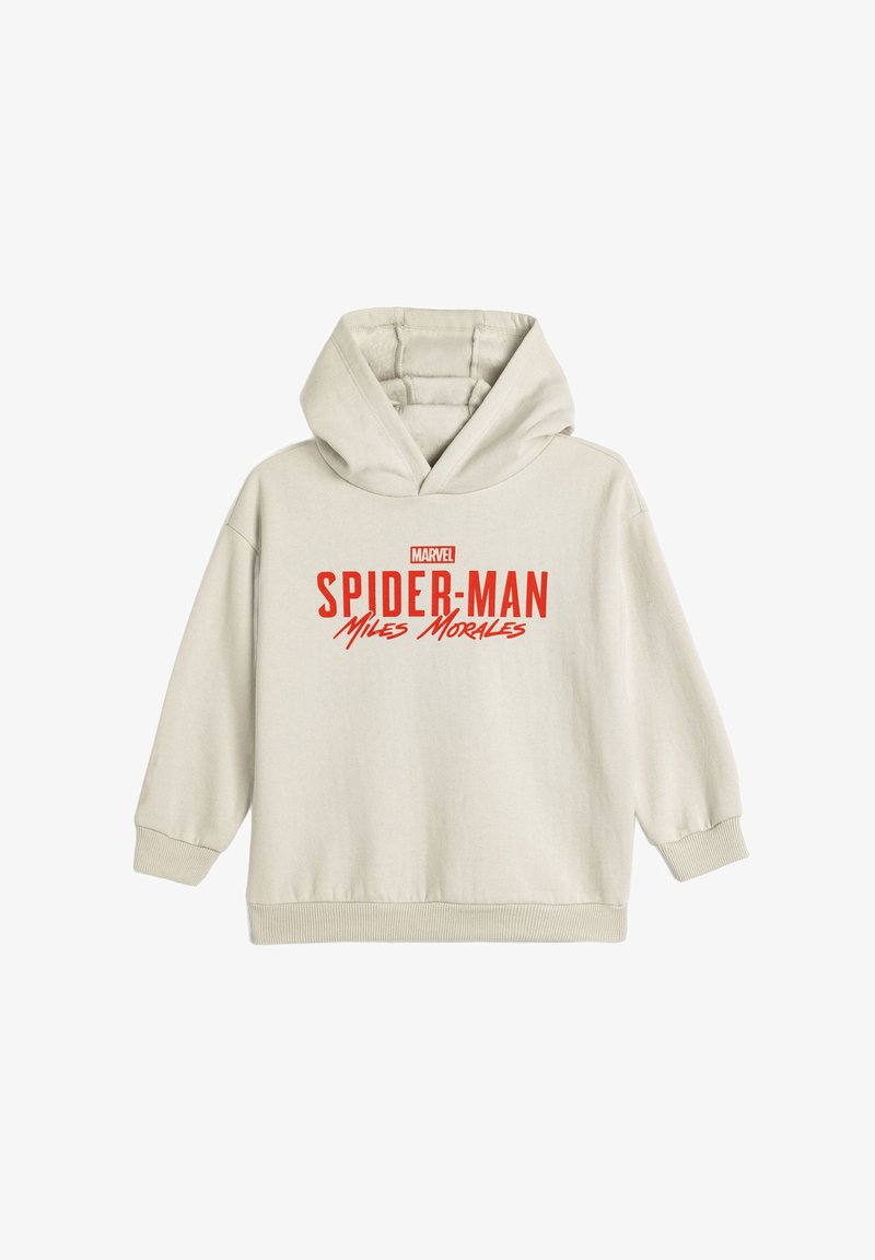 Kapturowa bluza w jasnobeżowym materiale z czerwonym napisem graficznym "SPIDER-MAN Miles Morales" oraz ściągaczami na rękawach i u dołu.