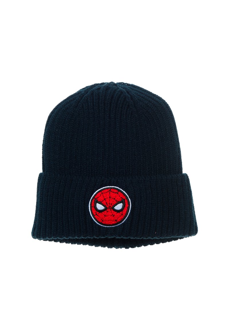 Gorro de punto en azul marino con un dobladillo. Presenta un emblema de Spider-Man bordado en rojo en la parte frontal. Textura suave y diseño elástico.
