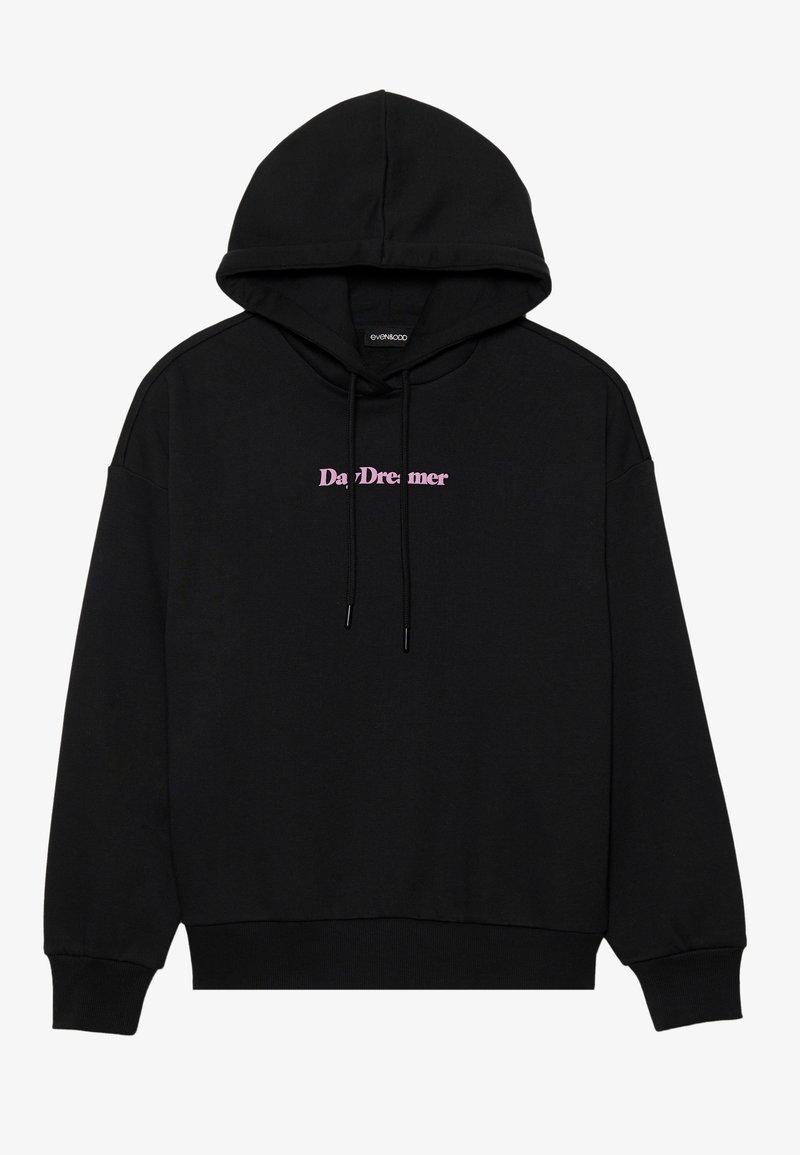 Black hoodie made of cotton-blend fabric, featuring a front pocket, drawstring hood, and light pink "DayDreamer" text across the chest.