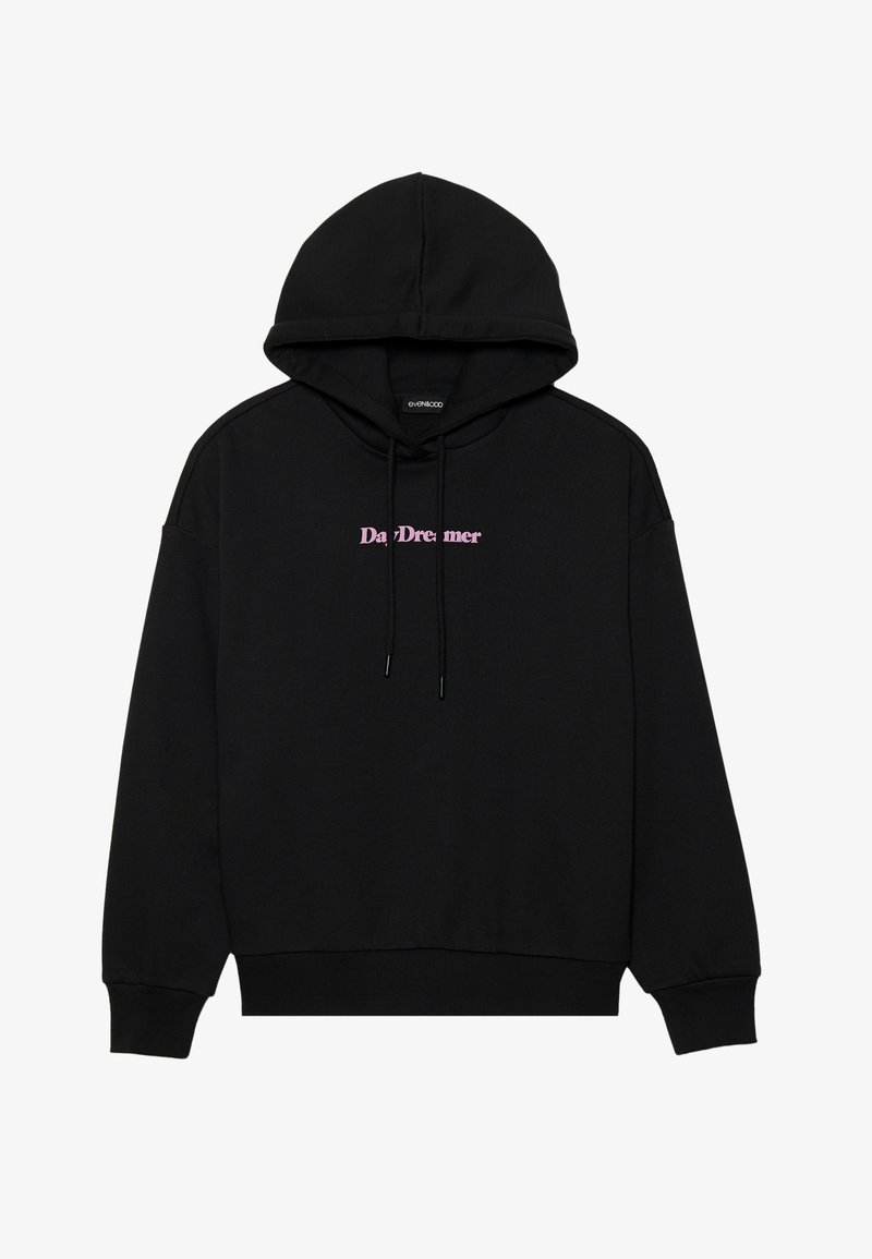 Black hoodie made of cotton-blend fabric, featuring a front pocket, drawstring hood, and light pink "DayDreamer" text across the chest.