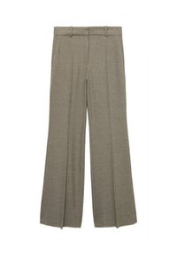 Spodnie o szerokich nogawkach w jasnobrązowej teksturowanej tkaninie, z wysokim stanem, pętelkami na pasek i prostym krojem.