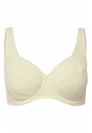 Beige bh met een bloemenpatroon, onderstructuur, brede banden en een klein strikdetail in het midden voor. Zachte stofstructuur.