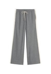 Szare spodnie wide-leg z białymi paskami po bokach i elastycznym paskiem w talii z białym sznurkiem do regulacji z przodu.