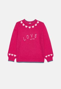 Bright pink knitted sweater featuring a round neckline, white heart patterns, and the word "LOVE" embroidered in the center.