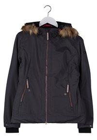 Veste d'hiver noire zippée avec capuche bordée de fourrure, poches avant zippées et poignets boutonnés, présentée sur un cintre blanc.