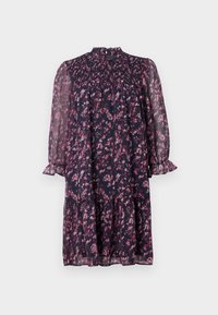Blomstrete marineblå kjole med smocksbodice, lange gjennomsiktige ermer og lagdelt skjørt. Laget av lett stoff. Volangkanter på ermene.