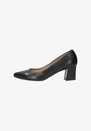 Escarpin noir en cuir avec un bout pointu, un talon épais et une texture lisse ; possède un intérieur de couleur claire.