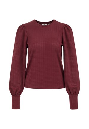 Blusa de manga larga burdeos texturizada con hombros abullonados y puños ajustados, con cuello redondo y cintura entallada.