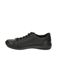 Sneaker en cuir noir avec un design épuré, fermeture à lacets et semelle en caoutchouc. Il présente des coutures subtiles et un bout arrondi pour plus de confort.