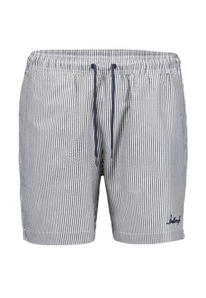 Costume da bagno da uomo a righe verticali blu navy e bianche con vita elasticizzata, coulisse blu navy e piccolo logo ricamato sulla gamba sinistra.