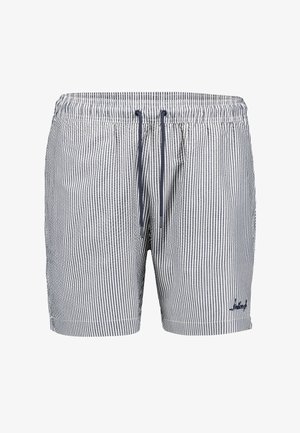 Męskie spodenki kąpielowe w pionowe paski w kolorze granatowym i białym, z elastycznym pasem, granatowymi sznurkami i małym haftowanym logo na lewej nodze.