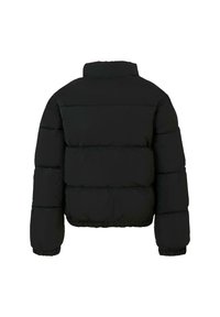 Giacca a vento nera trapuntata con maniche lunghe, colletto alto e polsini elasticizzati, vista da dietro su uno sfondo bianco.