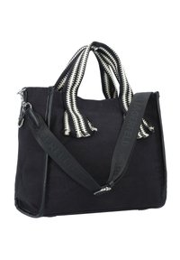 Svart tygväska med kontrasterande randiga handtag och avtagbar axelrem. Har blixtlåsförslutning och plan botten för stabilitet.