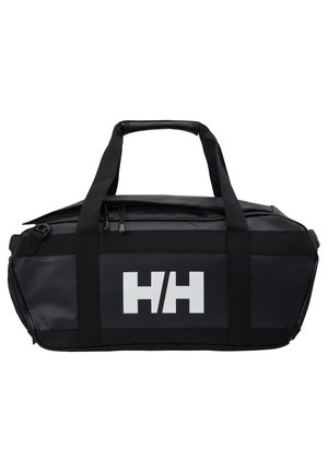 Schwarze Reisetasche aus wasserdichtem Material mit doppelten Griffen, einem Reißverschluss und einem auffälligen weißen Logo auf der Seite.