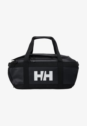 Black duffel bag made of waterproof material featuring dual handles, a zipper closure, and a prominent white logo on the side.