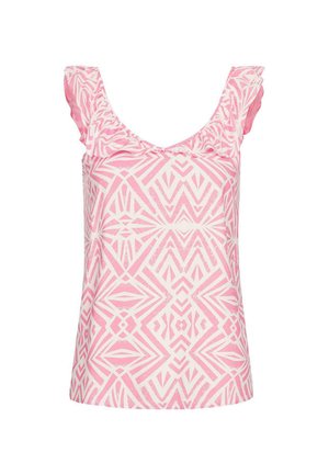 Pink sleeveless top featuring a geometric pattern, ruffled shoulder accents, and a scoop neckline, made from a lightweight fabric.