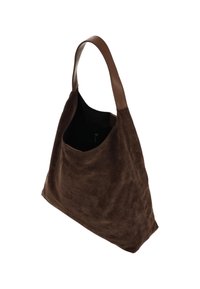 Bruine suède schoudertas met een glad leren band, slappe vorm en een enkele buitenzak. De binnenkant is van zwart textiel met een ritssluiting.