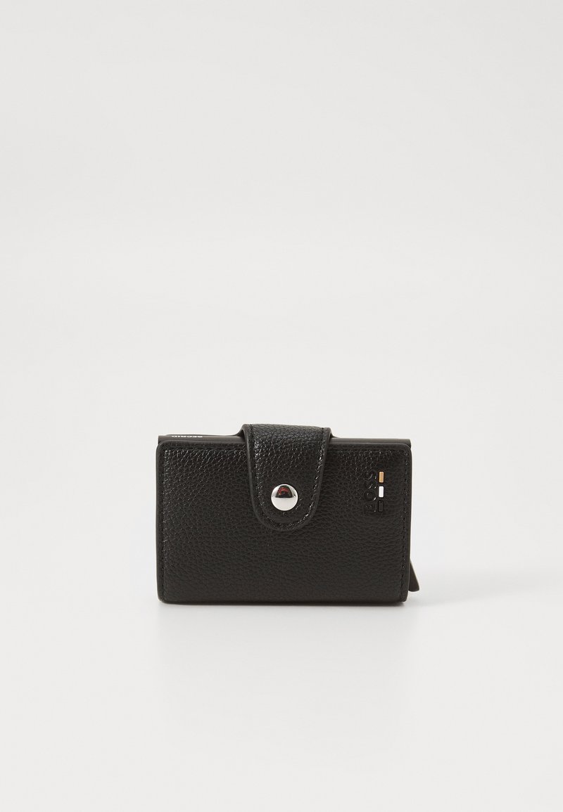 Black textured leather wallet with snap button closure and small embossed logo on front, displayed on white background.