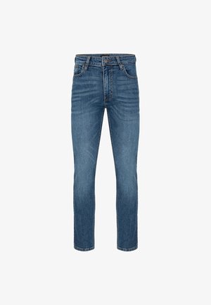 Jasnoniebieskie dżinsy o prostym kroju, z pięcioma kieszeniami, zapinane na guzik, z delikatnym blaknięciem na udach, które dodaje tekstury.