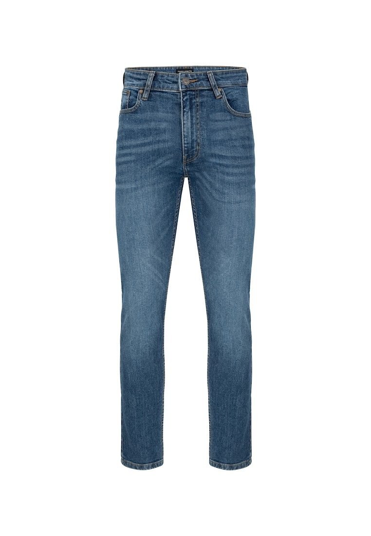 Jasnoniebieskie dżinsy o prostym kroju, z pięcioma kieszeniami, zapinane na guzik, z delikatnym blaknięciem na udach, które dodaje tekstury.