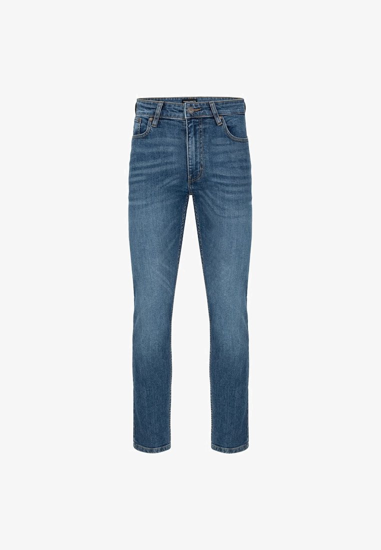 Jasnoniebieskie dżinsy o prostym kroju, z pięcioma kieszeniami, zapinane na guzik, z delikatnym blaknięciem na udach, które dodaje tekstury.