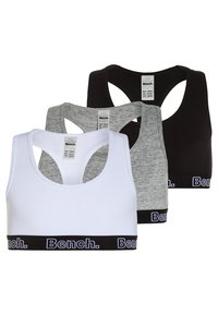 Trois débardeurs en blanc, gris et noir. Chacun a un design à dos nageur et une bande noire contrastante avec "Bench." écrit en blanc.