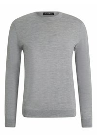 Grauer Wollpullover mit Rundhalsausschnitt, langen Ärmeln und einer glatten Textur. Besitzt dezente Farbvariationen für zusätzliche Tiefe.