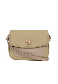 Borsa crossbody in pelle verde e beige con una forma strutturata, hardware in tonalità oro e una patta frontale con un dettaglio a chiusura.