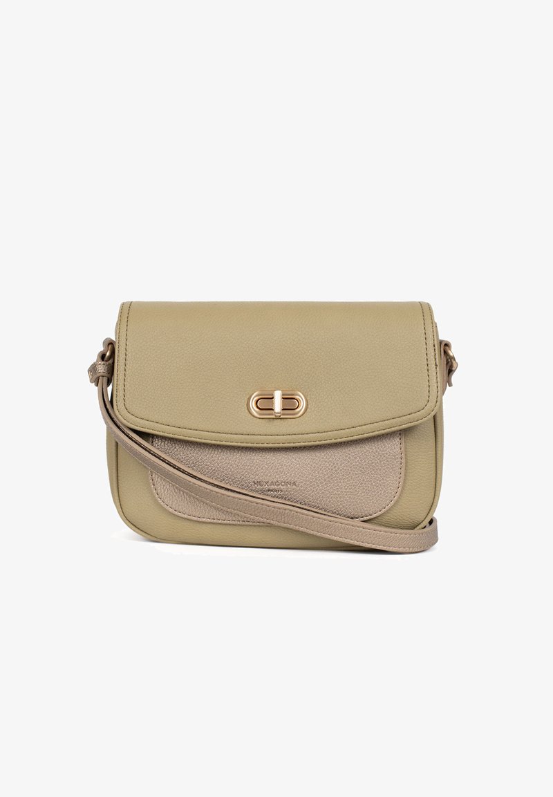 Sac en bandoulière en cuir vert et beige avec une forme structurée, quincaillerie dorée et un rabat à l'avant présentant un détail de fermoir.
