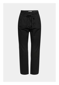 Pantalon noir taille haute à coupe droite avec une ceinture en tissu nouée en nœud à la taille sur un fond uni.