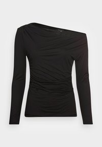 Sort langærmet top med en asymmetrisk halsudskæring, rynket sideløsning og et glat, strækbart stof. Designet til en tætsiddende silhuet.