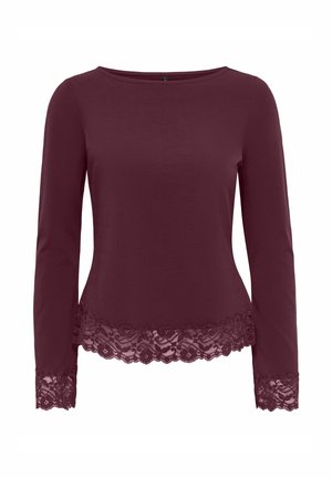 Haut manches longues bordeaux avec bordure en dentelle festonnée aux poignets et à l'ourlet, encolure ronde, silhouette cintrée, sans motifs ni logos.