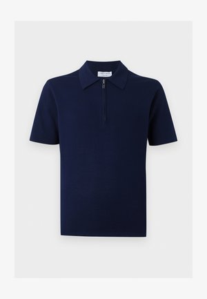 Tmavomodrá košeľa s krátkym rukávom, golierom a predným zipsom, jednofarebný dizajn, zobrazená na neutrálnom pozadí.