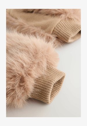 Pletena pulover s mehkim, svetlo rjavim umetnim krznenim detajli. Ima rebraste manšete in strukturirano telo. Barva je pretežno bež.