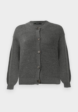 Cardigan tricotat de culoare gri închis, cu mâneci lungi și cinci butoane mari, maro, în față, cu tivuri și manșete texturate.