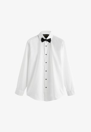 Camicia bianca a maniche lunghe con bottoni neri e papillon abbinato. Tessuto morbido con un design colletto classico. Nessun motivo o dettaglio.