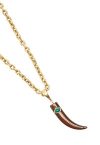 Złoty naszyjnik z łańcuchem, z wygiętym brązowym zawieszką w kształcie rogu i małym zielonym akcentem. Gładka faktura, błyszczące wykończenie oraz odważny design.